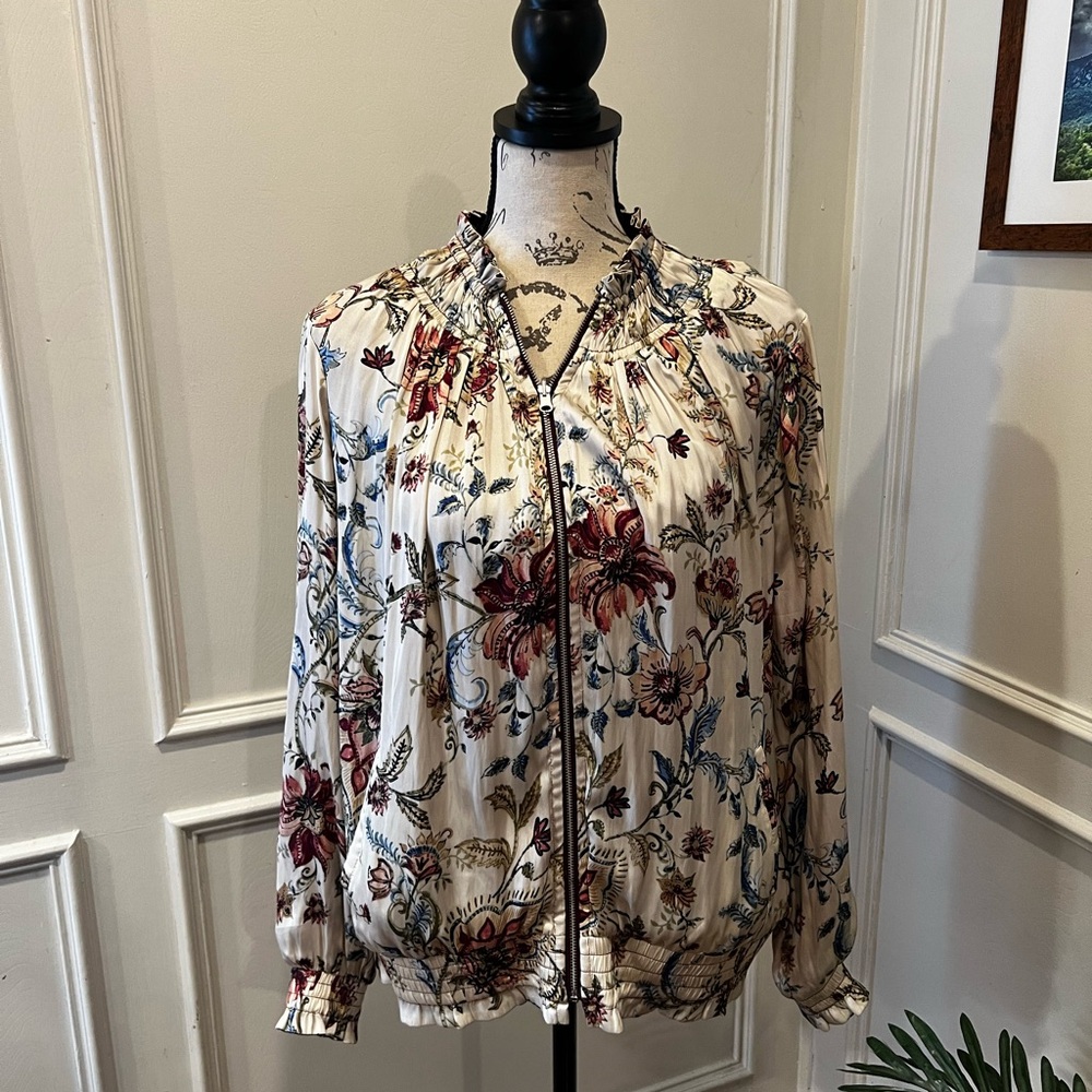 Vintage silky floral Zipper Jacket